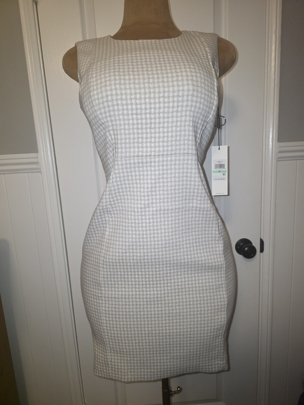 Calvin Klein Ivory and Light Gray Houndstooth Sheath Midi Dress